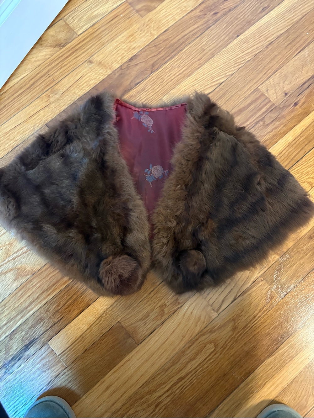Vintage Brown Fur Stole with Pom Pom Closure